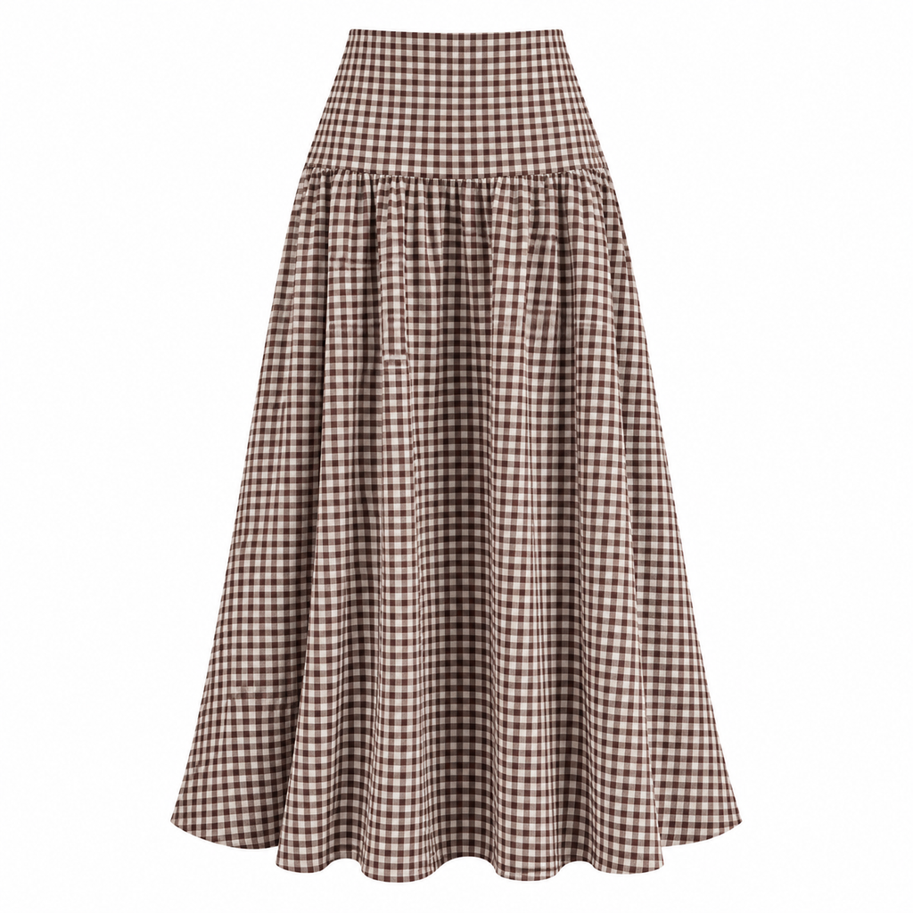 CAMILLE Women's Brown Check Seersucker High Waist Midi Skirt