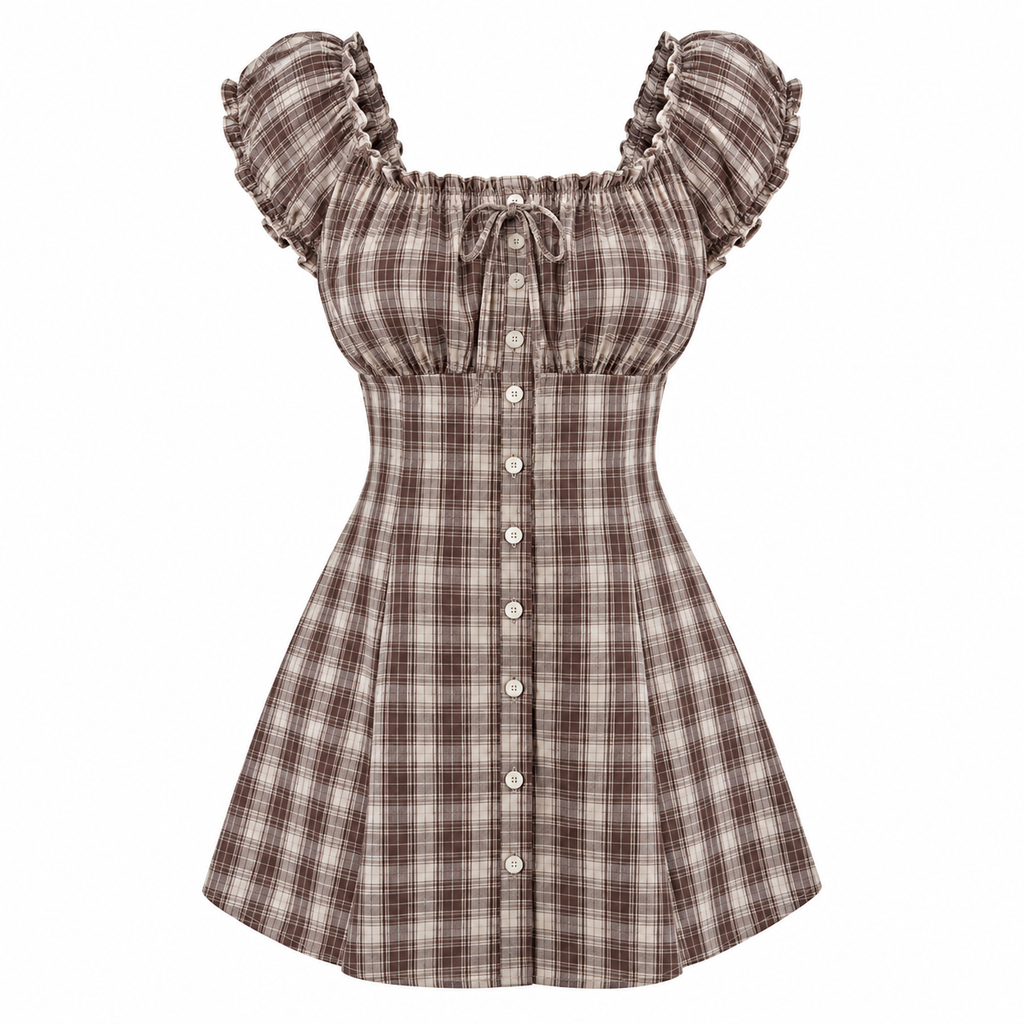 ADELINE Women's Coffee Brown Plaid Off Shoulder Mini Dress