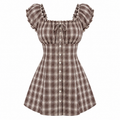 ADELINE Women's Coffee Brown Plaid Off Shoulder Mini Dress
