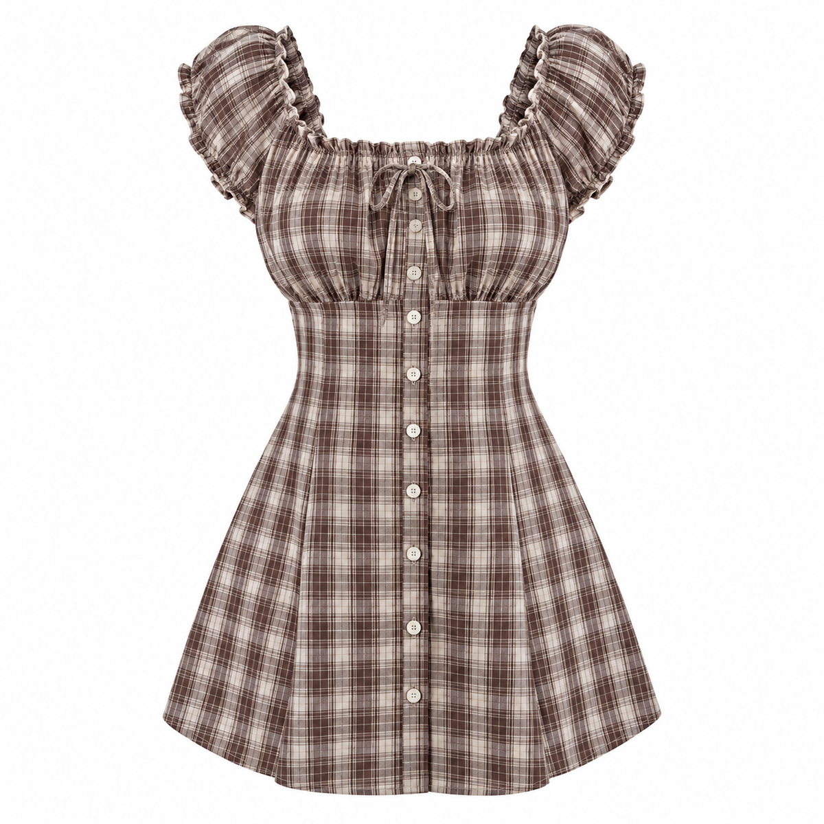 ADELINE Women's Coffee Brown Plaid Off Shoulder Mini Dress