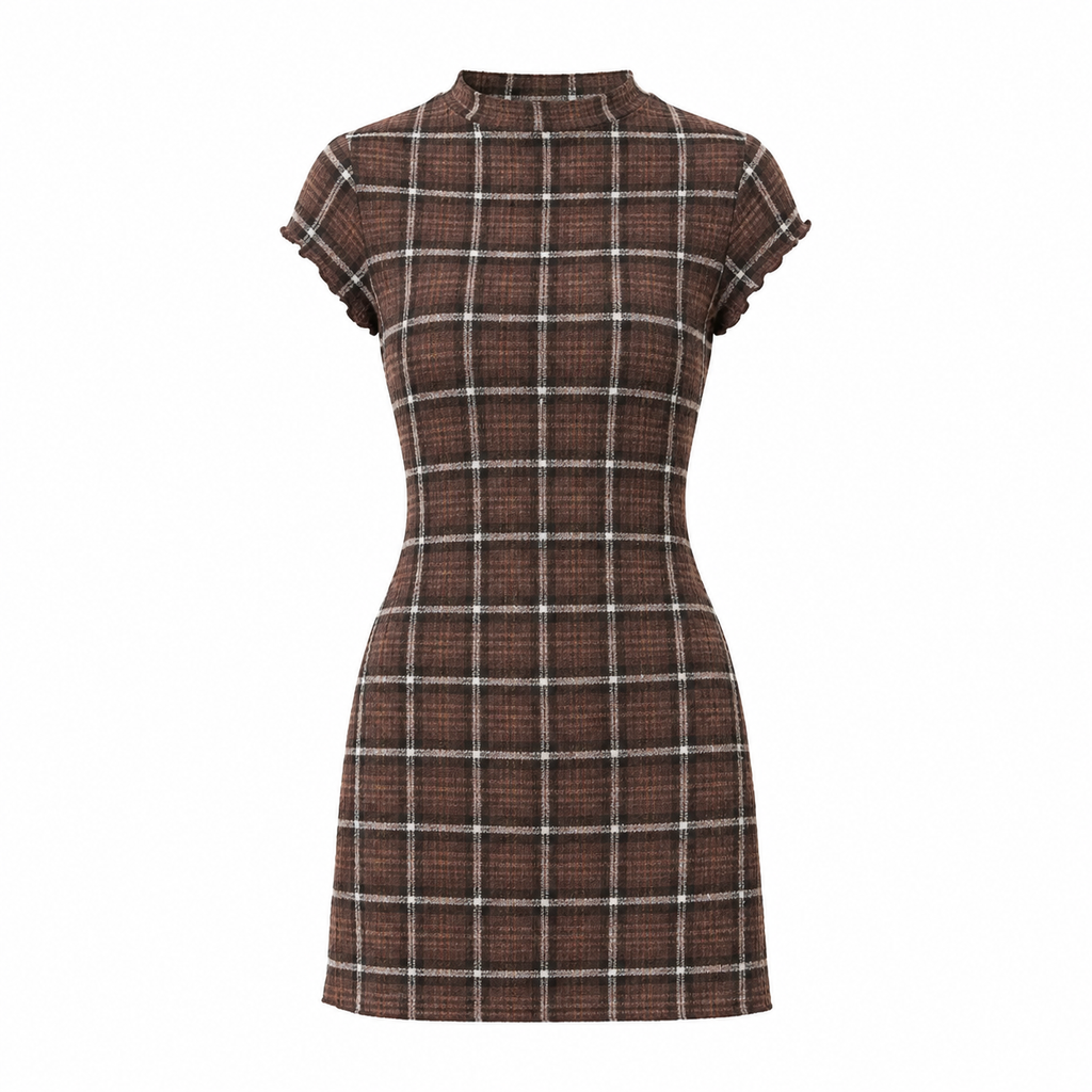 AMÉLIE Women's Coffee Check Reverie Off Shoulder Plaid Mini Dress