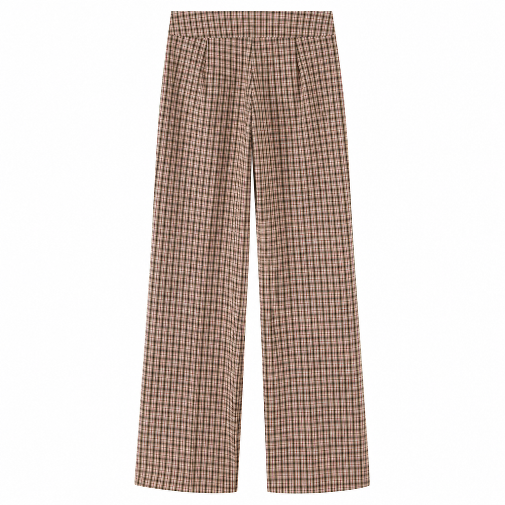CELESTE Women's Hemp Seersucker High Waist Brown Plaid Flare Trousers