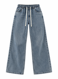 AMÉLIE Women's Washed Wide-Leg Drawstring Baggy Jeans Elastic Waist