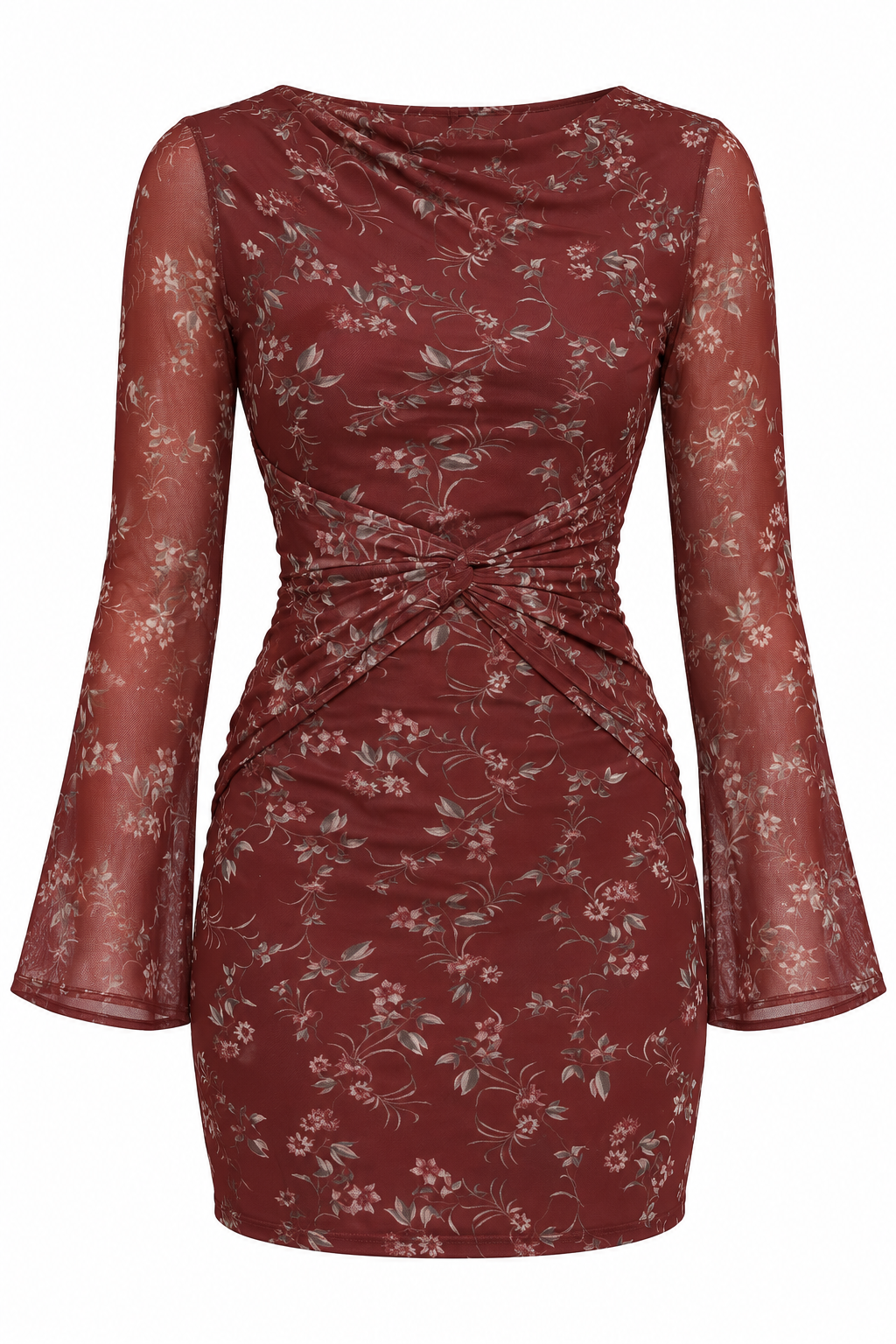 OCTAVIA Women's Rust Floral Long Sleeve Twist Front Midi Dress