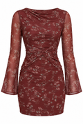 OCTAVIA Women's Rust Floral Long Sleeve Twist Front Midi Dress