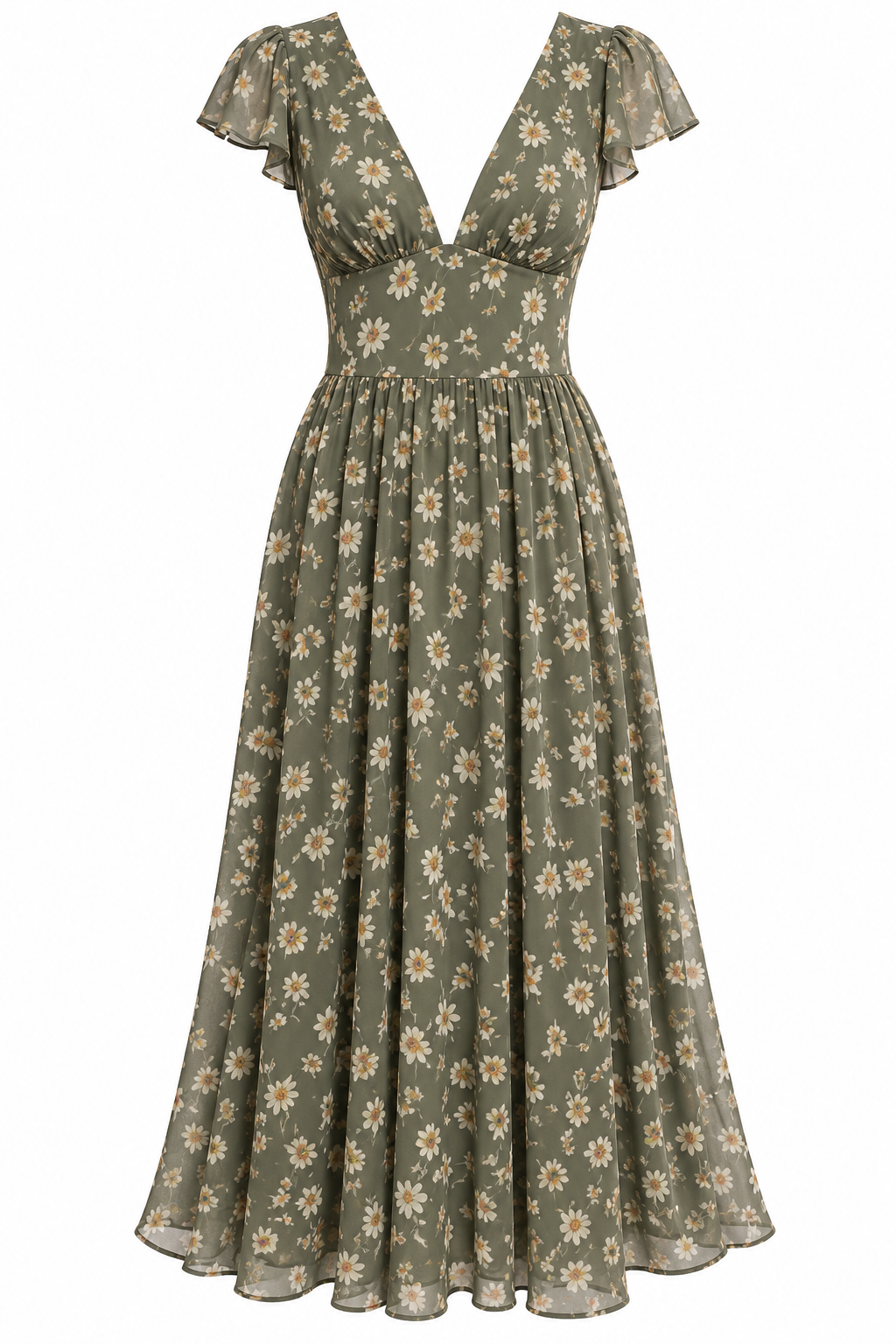 PENELOPE Women's Olive Floral Ruffle Sleeve Midi Dress