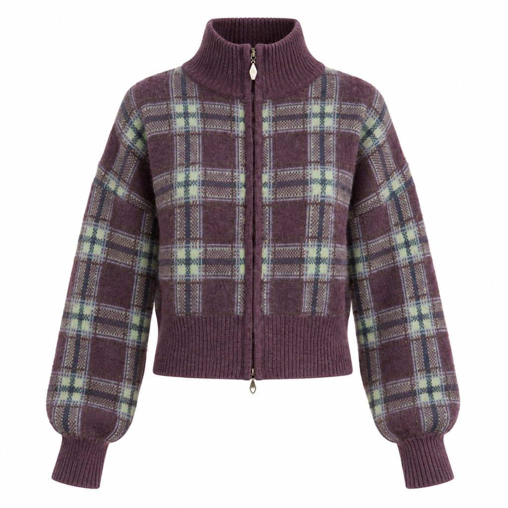 CELESTE Women's Brushed Lilac Check Saffy Merino Wool Cardigan