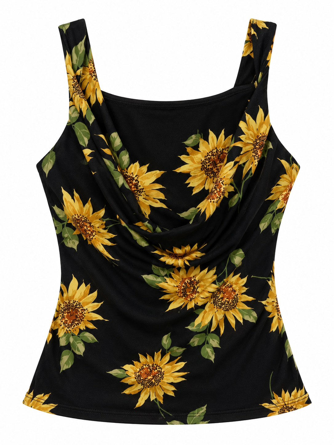 JACQUELINE Women's Midnight Sunflower Cowl Neck Capped Top