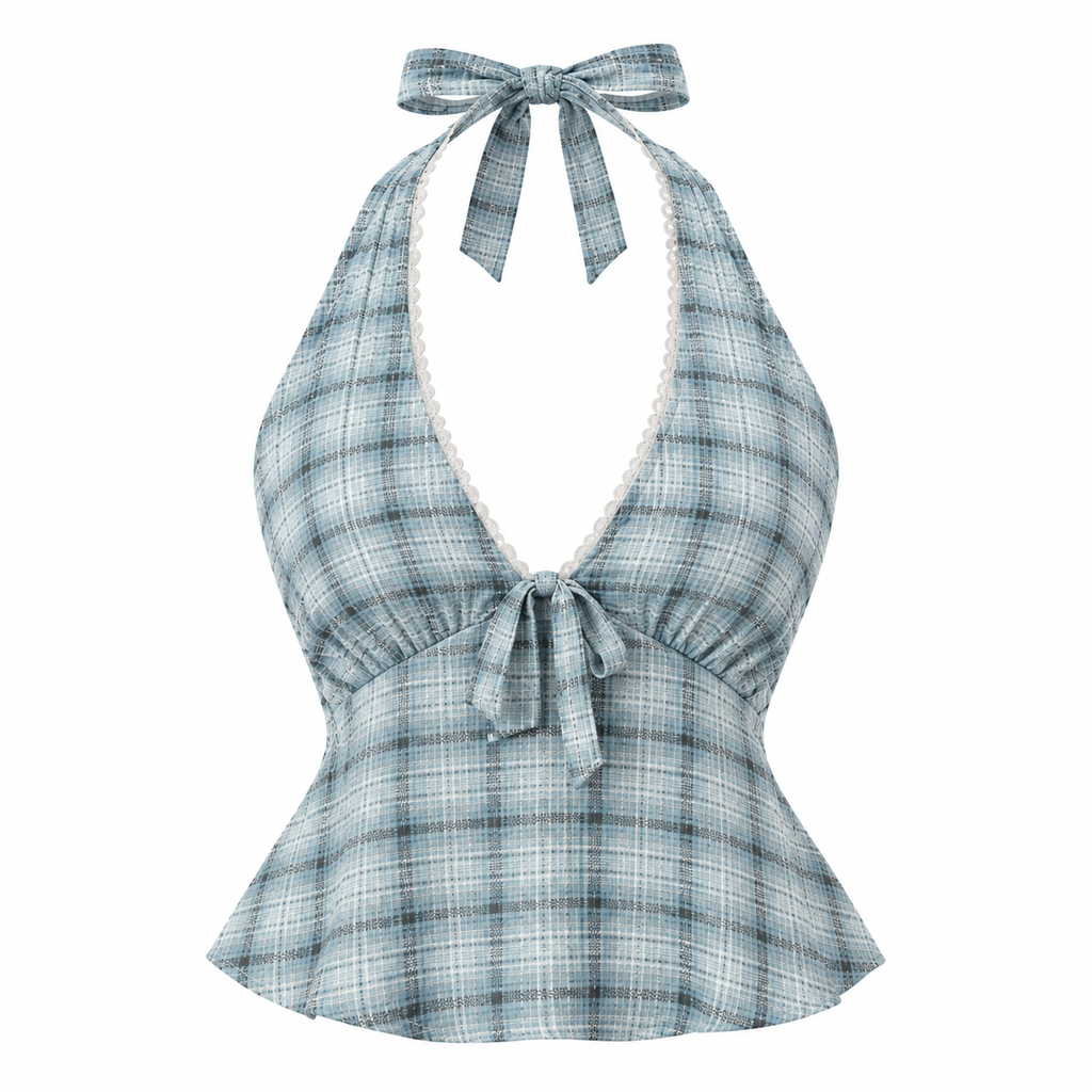 AMÉLIE Women's Overcast Check Lagoon Plaid Halter Top