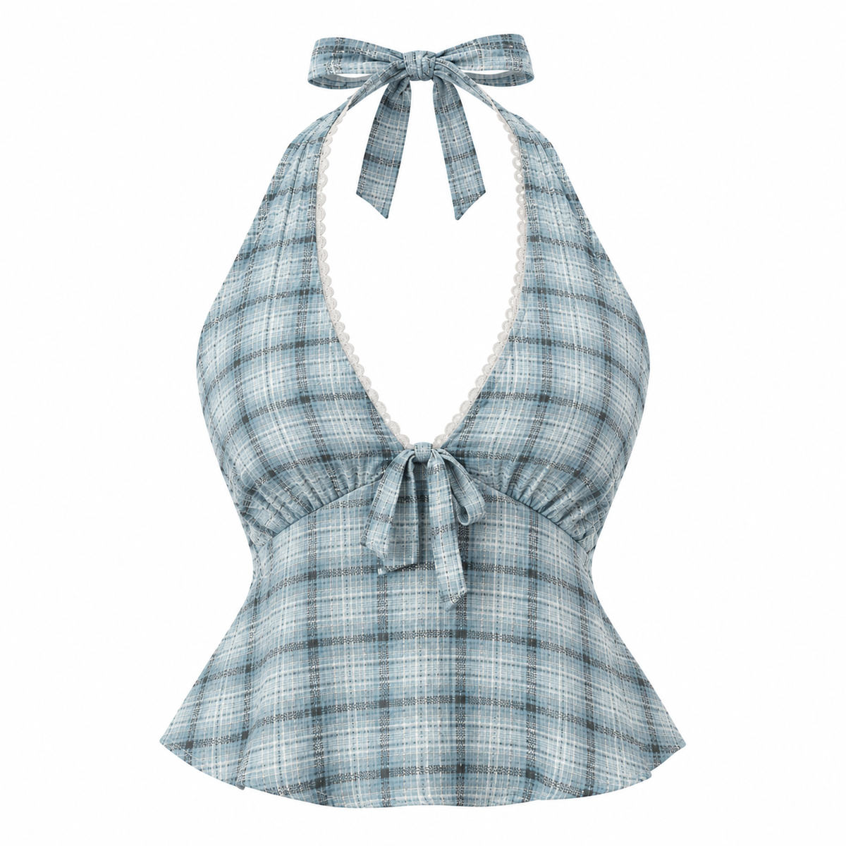 AMÉLIE Women's Overcast Check Lagoon Plaid Halter Top