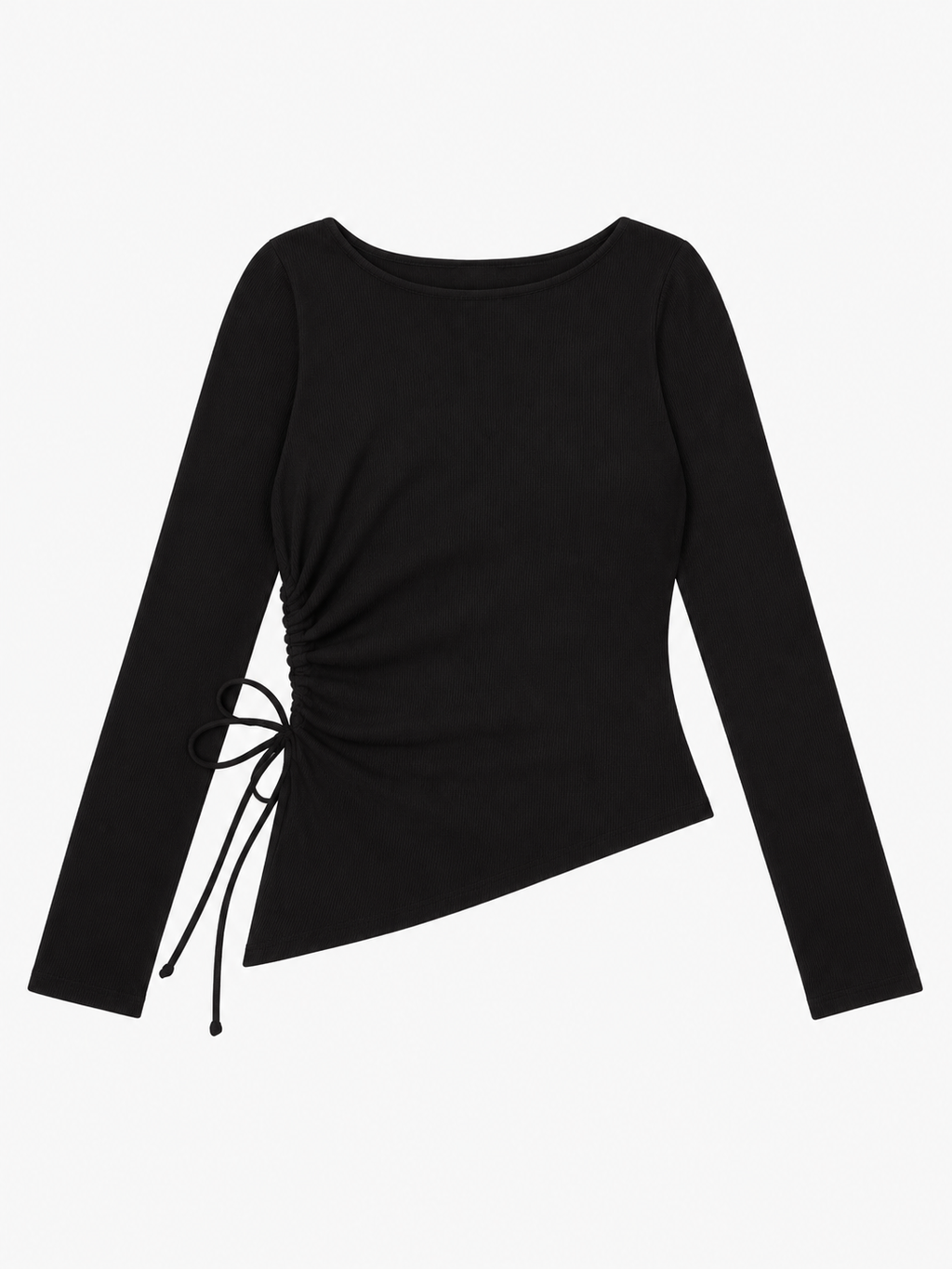 ISABELLA Women's Black Ribbed Side Ruched Long Sleeve Top
