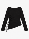 ISABELLA Women's Black Ribbed Side Ruched Long Sleeve Top