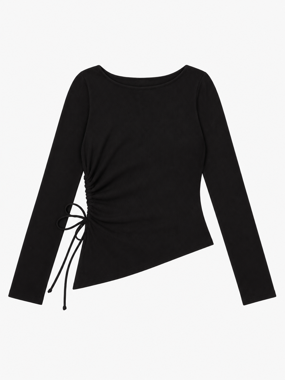 ISABELLA Women's Black Ribbed Side Ruched Long Sleeve Top
