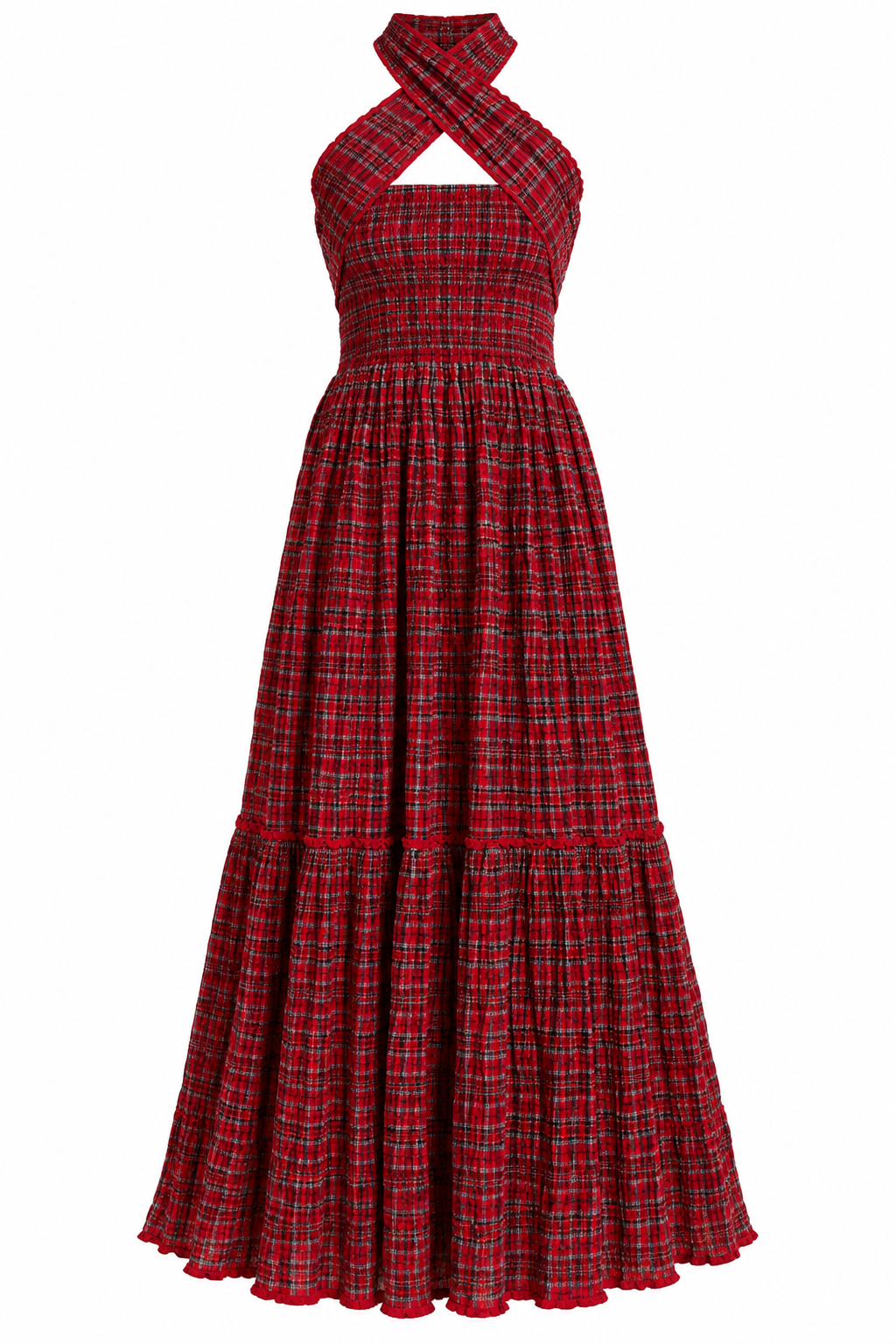 FLORENCE Women's Red Check Smocked Seersucker Midi Dress