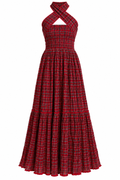 FLORENCE Women's Red Check Smocked Seersucker Midi Dress