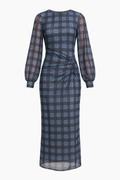 FLORENCE Women's Blue Plaid Gathered Front Mesh Maxi Dress