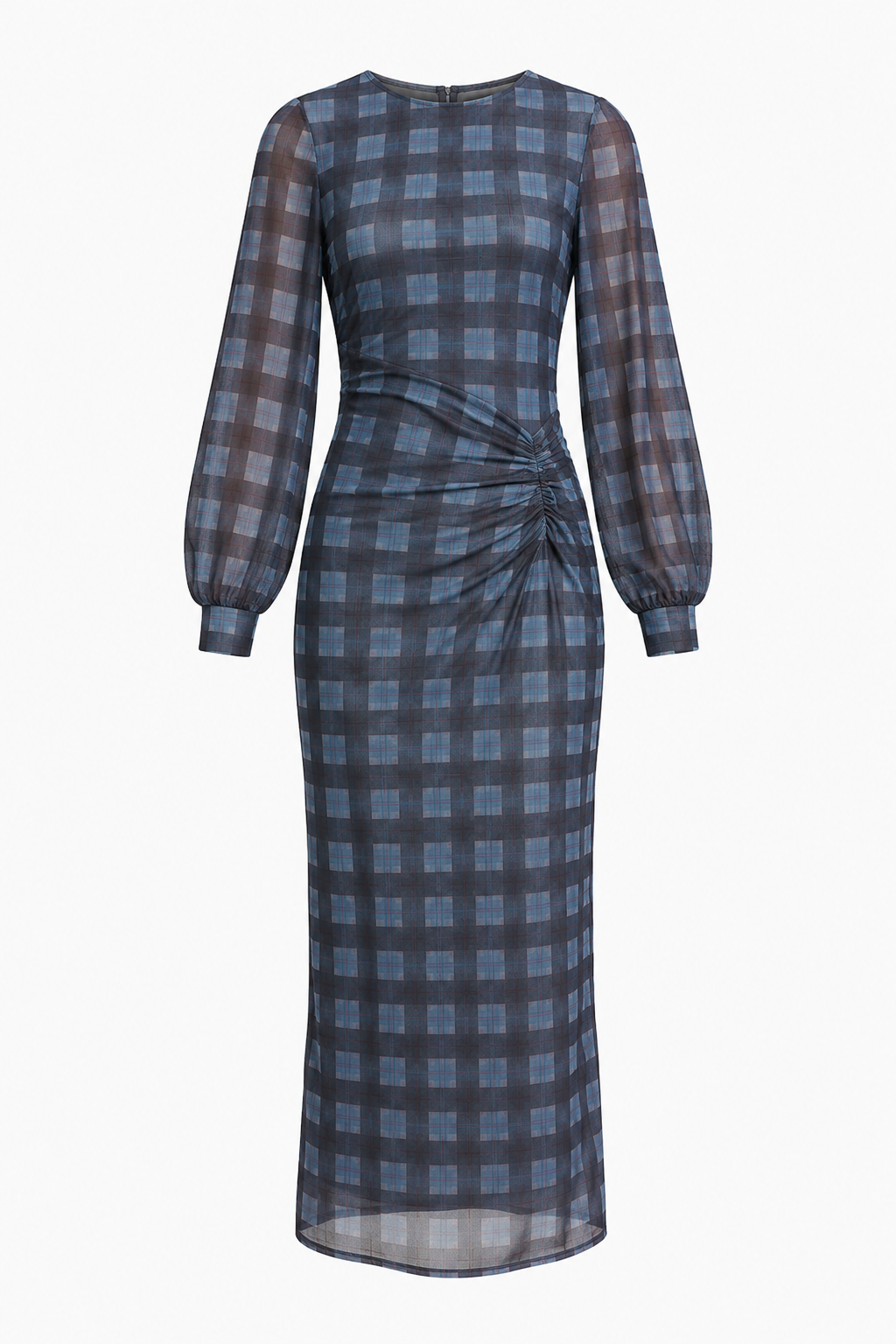 FLORENCE Women's Blue Plaid Gathered Front Mesh Maxi Dress