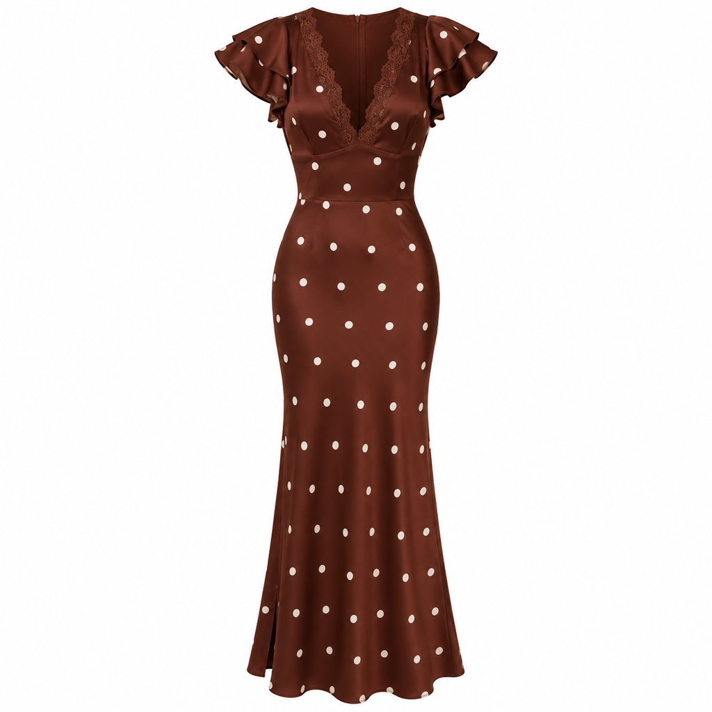 CAMILLA Women's Brown Polka Dot Cap Sleeve Maxi Dress