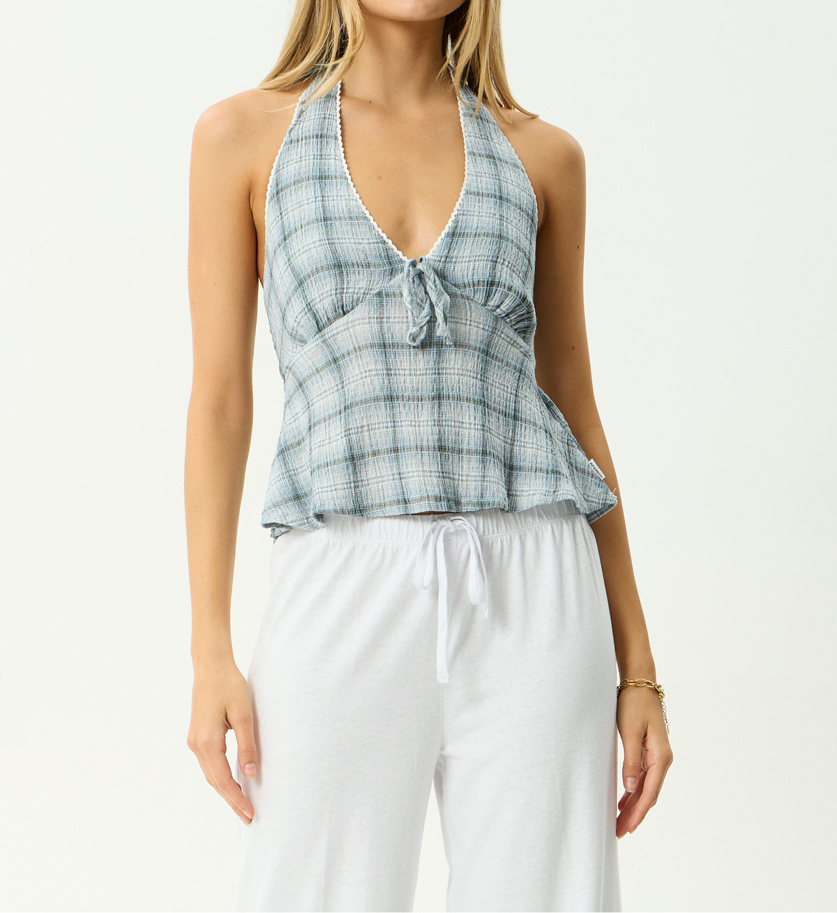 AMÉLIE Women's Overcast Check Lagoon Plaid Halter Top