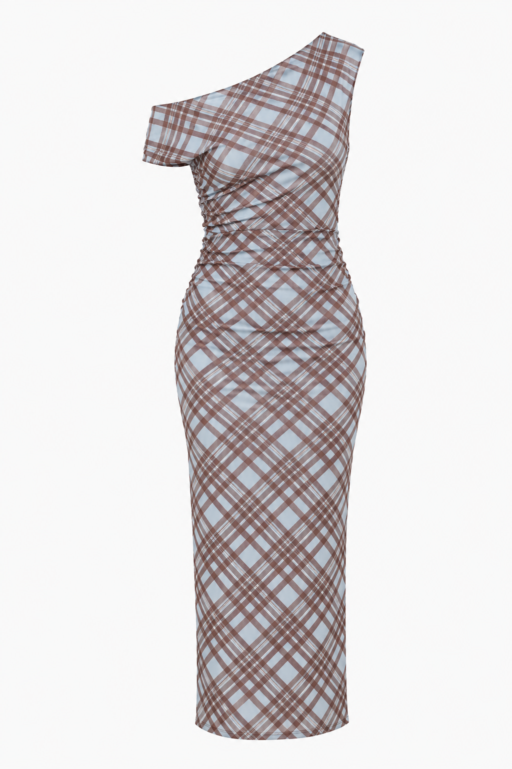 BEATRICE Women's Blue Plaid Off Shoulder Ruched Mesh Midi Dress