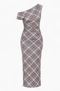 BEATRICE Women's Blue Plaid Off Shoulder Ruched Mesh Midi Dress