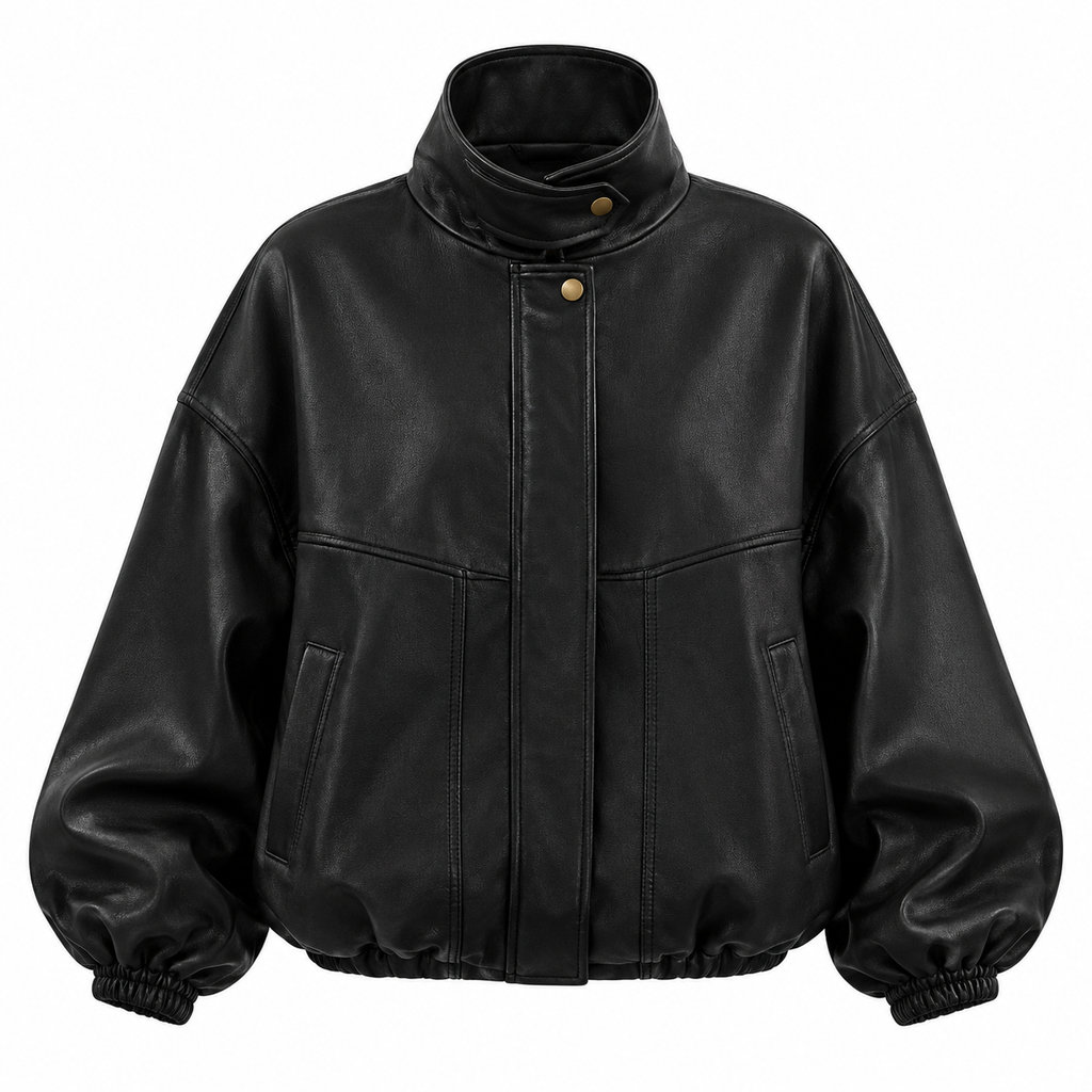 BEATRICE Women's Black Genuine Leather Oversized Zip Bomber Jacket