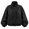BEATRICE Women's Black Genuine Leather Oversized Zip Bomber Jacket