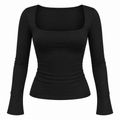 ISADORA Women's Sculpted Square Neck Black Fitted Long Sleeve Shirt