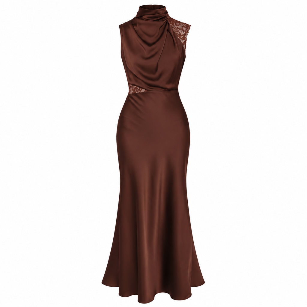 CELESTE Women's Chocolate Brown Halter Neck Lace Maxi Dress