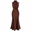 CELESTE Women's Chocolate Brown Halter Neck Lace Maxi Dress