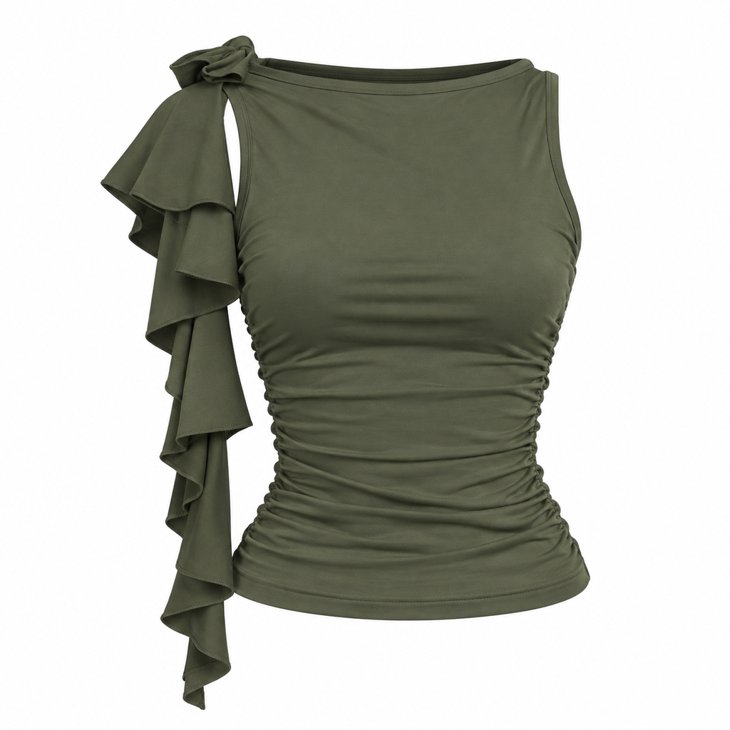 FLORA Women's Khaki Green Carrie Ruched Off Shoulder Crop Top