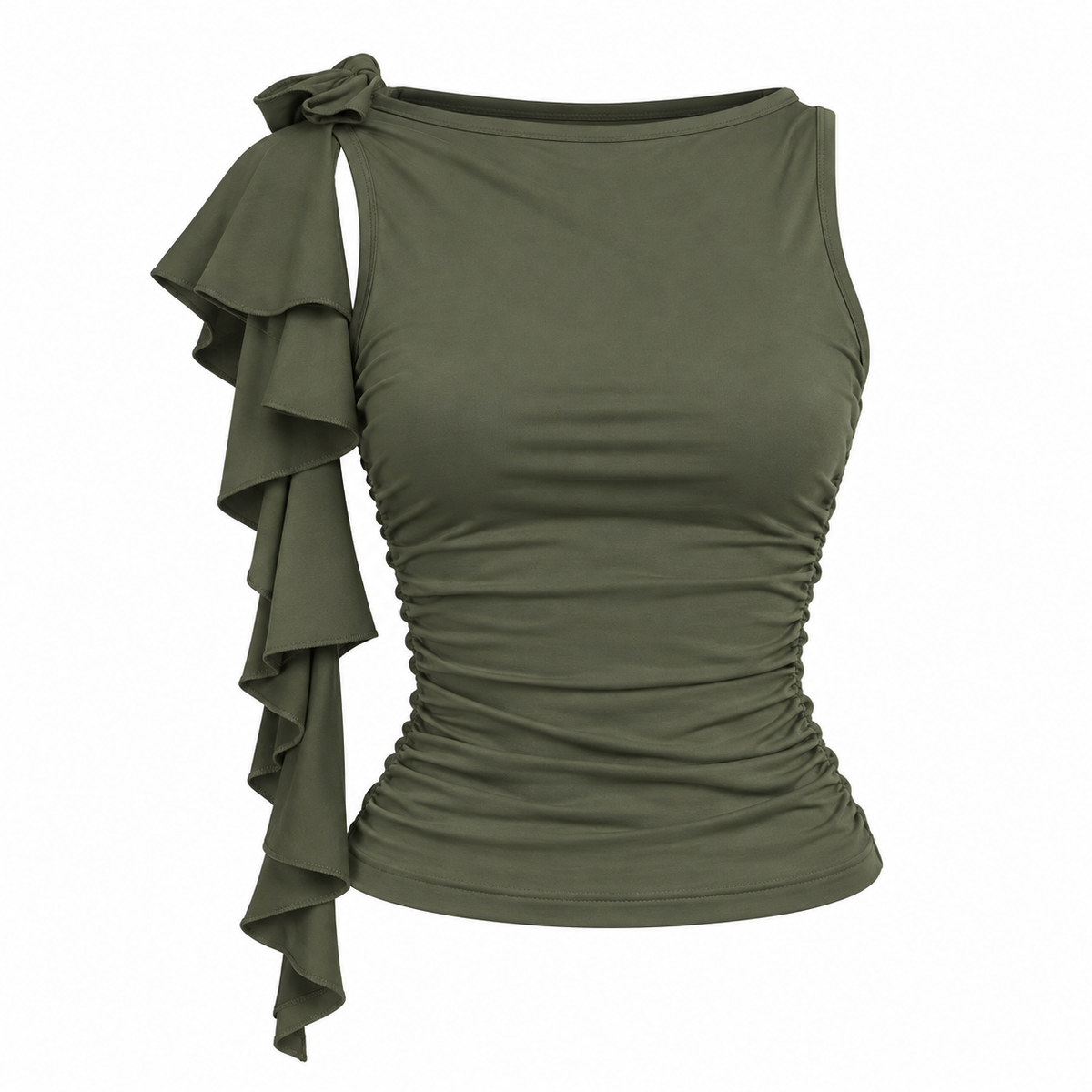 FLORA Women's Khaki Green Carrie Ruched Off Shoulder Crop Top