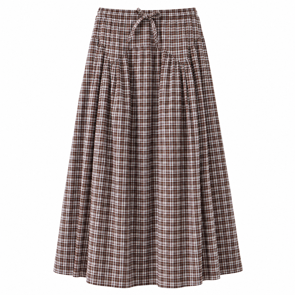CELESTE Women's Brown Blue Check Marlow Echo Tiered Midi Skirt