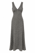 ABIGAIL Women's Steel Check Hemp Seersucker V-Neck Maxi Dress