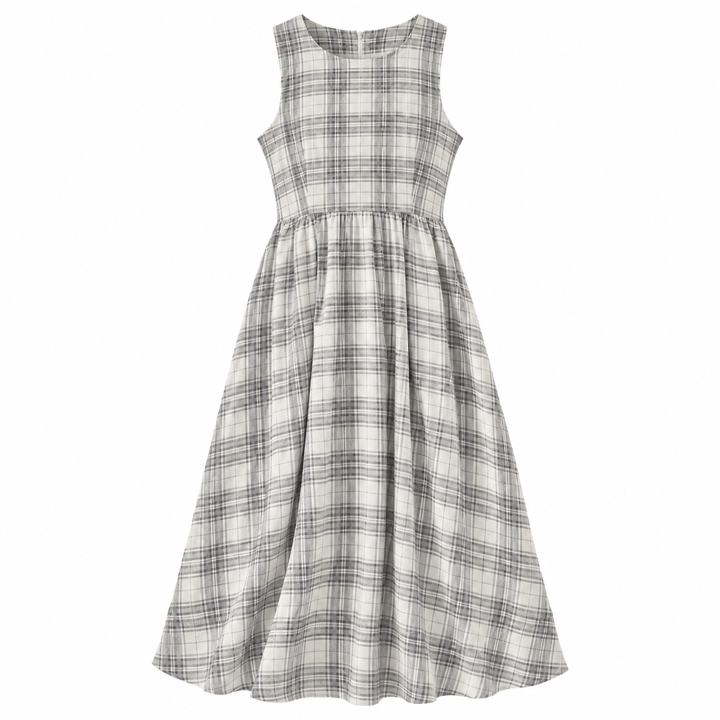 CELESTE Women's Black White Check Organic Seersucker Midi Dress