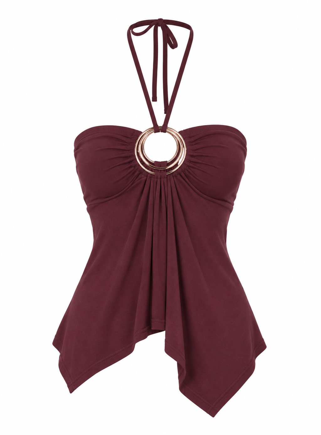 CELESTE Women's Burgundy Betsey Ring Detail Tie Neck Top