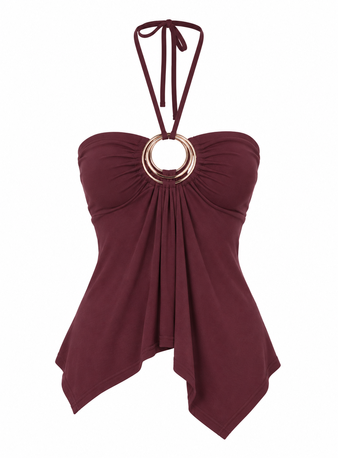 CELESTE Women's Burgundy Betsey Ring Detail Tie Neck Top