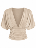 VALENTINA Women's Ruched V-Neck Dressy Long Sleeve Satin Blouse Top