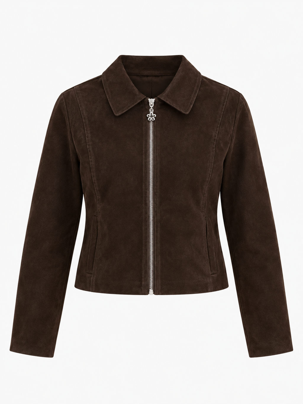 GENEVIEVE Women's Mocha Suede Faux Leather Zip Fitted Jacket