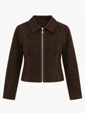 GENEVIEVE Women's Mocha Suede Faux Leather Zip Fitted Jacket
