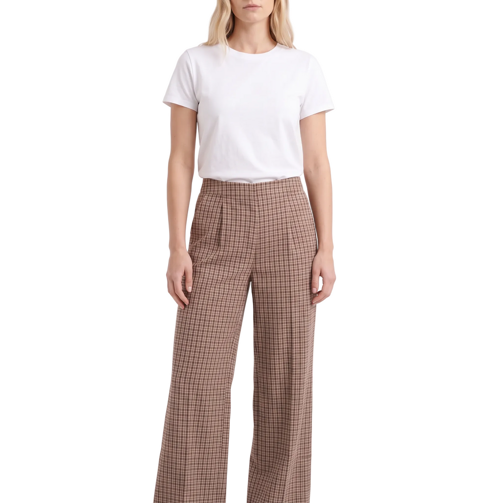 CELESTE Women's Hemp Seersucker High Waist Brown Plaid Flare Trousers
