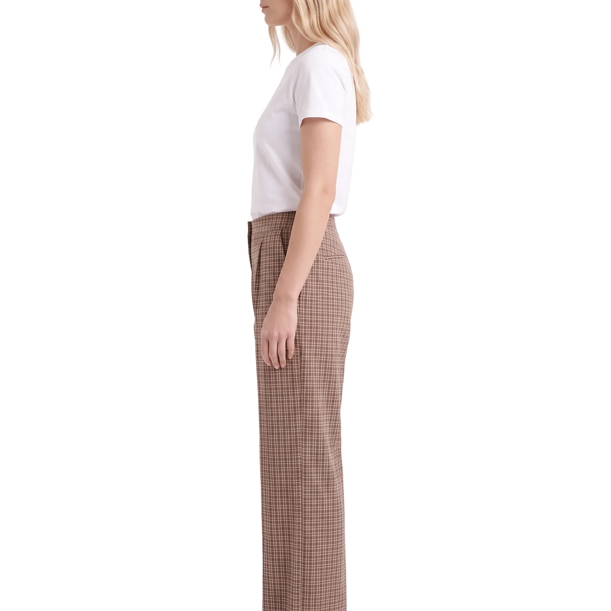 CELESTE Women's Hemp Seersucker High Waist Brown Plaid Flare Trousers