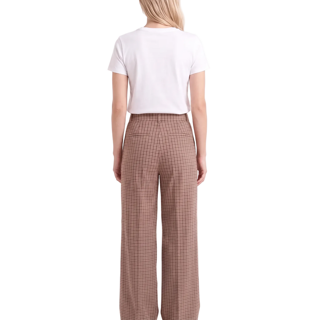 CELESTE Women's Hemp Seersucker High Waist Brown Plaid Flare Trousers