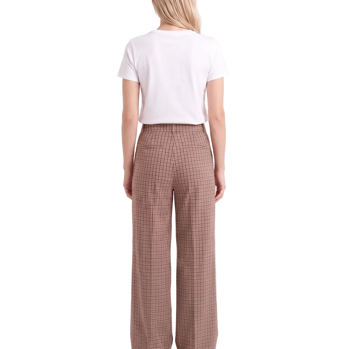 CELESTE Women's Hemp Seersucker High Waist Brown Plaid Flare Trousers
