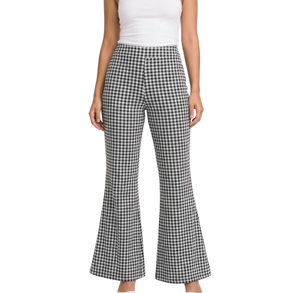 ÉLODIE Women's Steel Blue Check Hemp Seersucker Flare Trousers