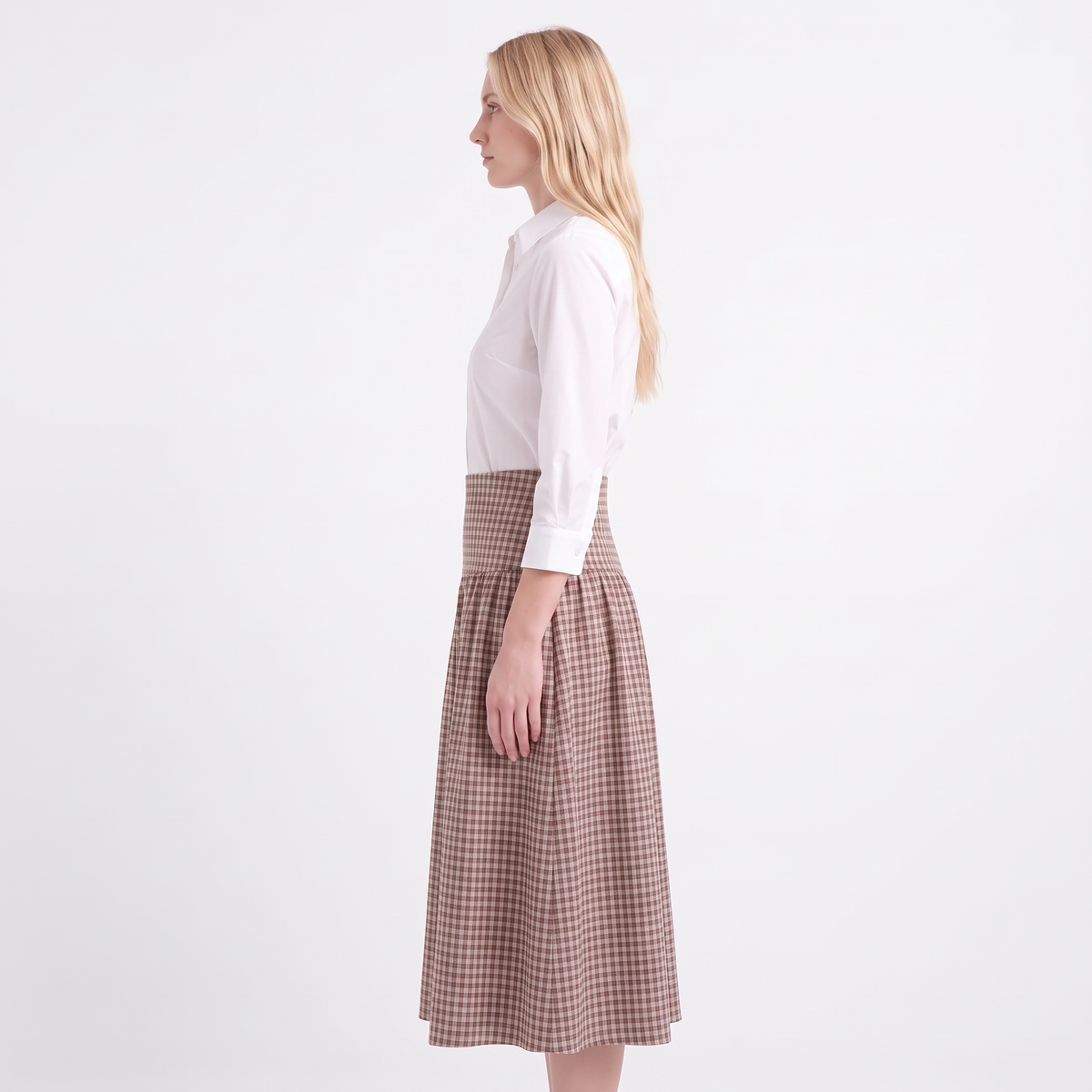 CAMILLE Women's Brown Check Seersucker High Waist Midi Skirt