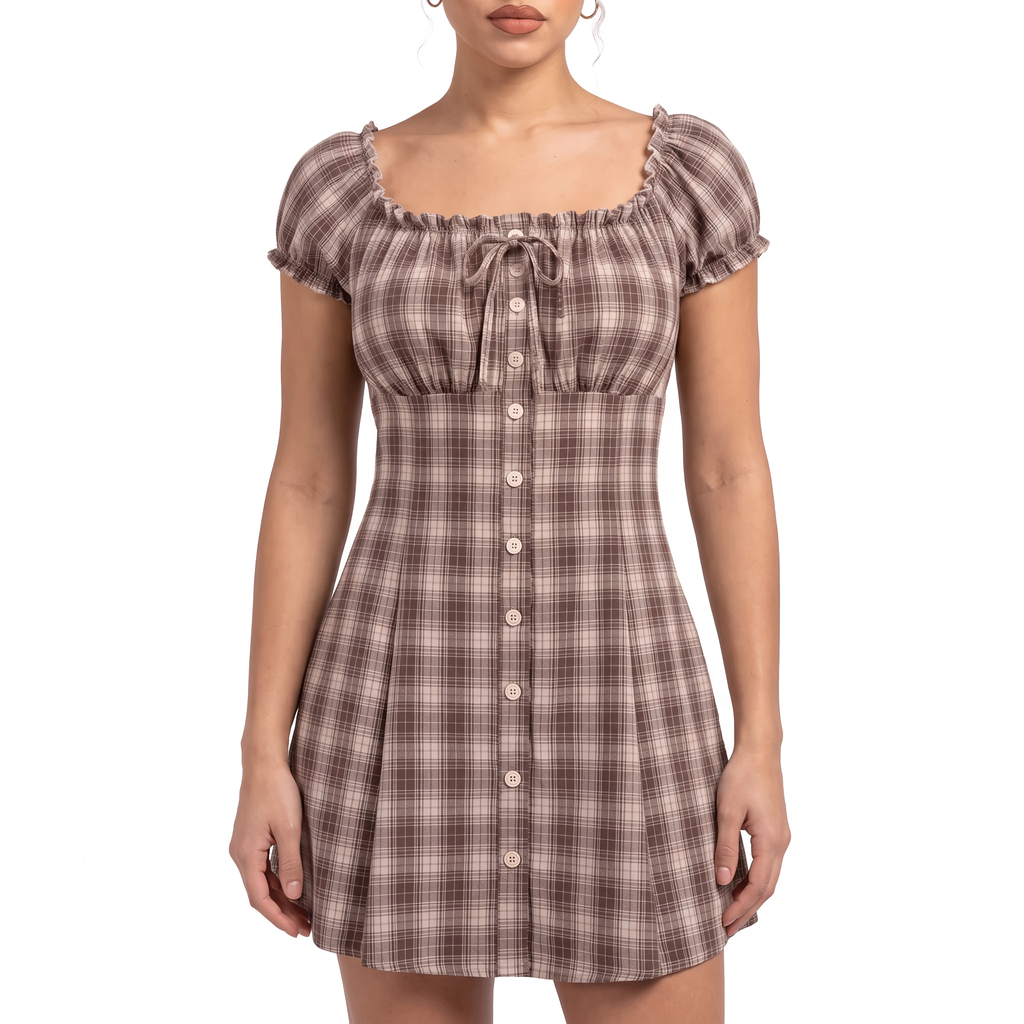 ADELINE Women's Coffee Brown Plaid Off Shoulder Mini Dress
