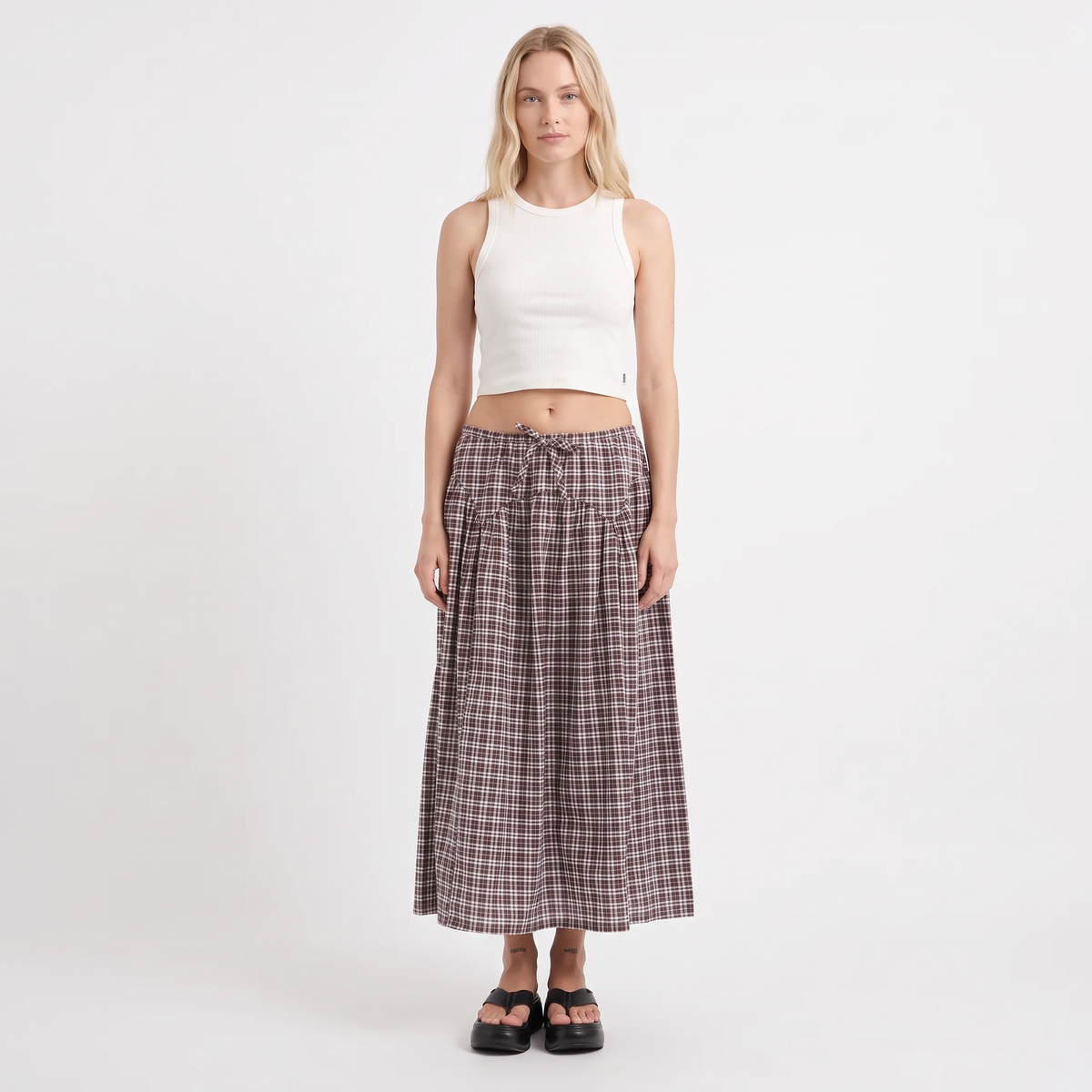 CELESTE Women's Brown Blue Check Marlow Echo Tiered Midi Skirt