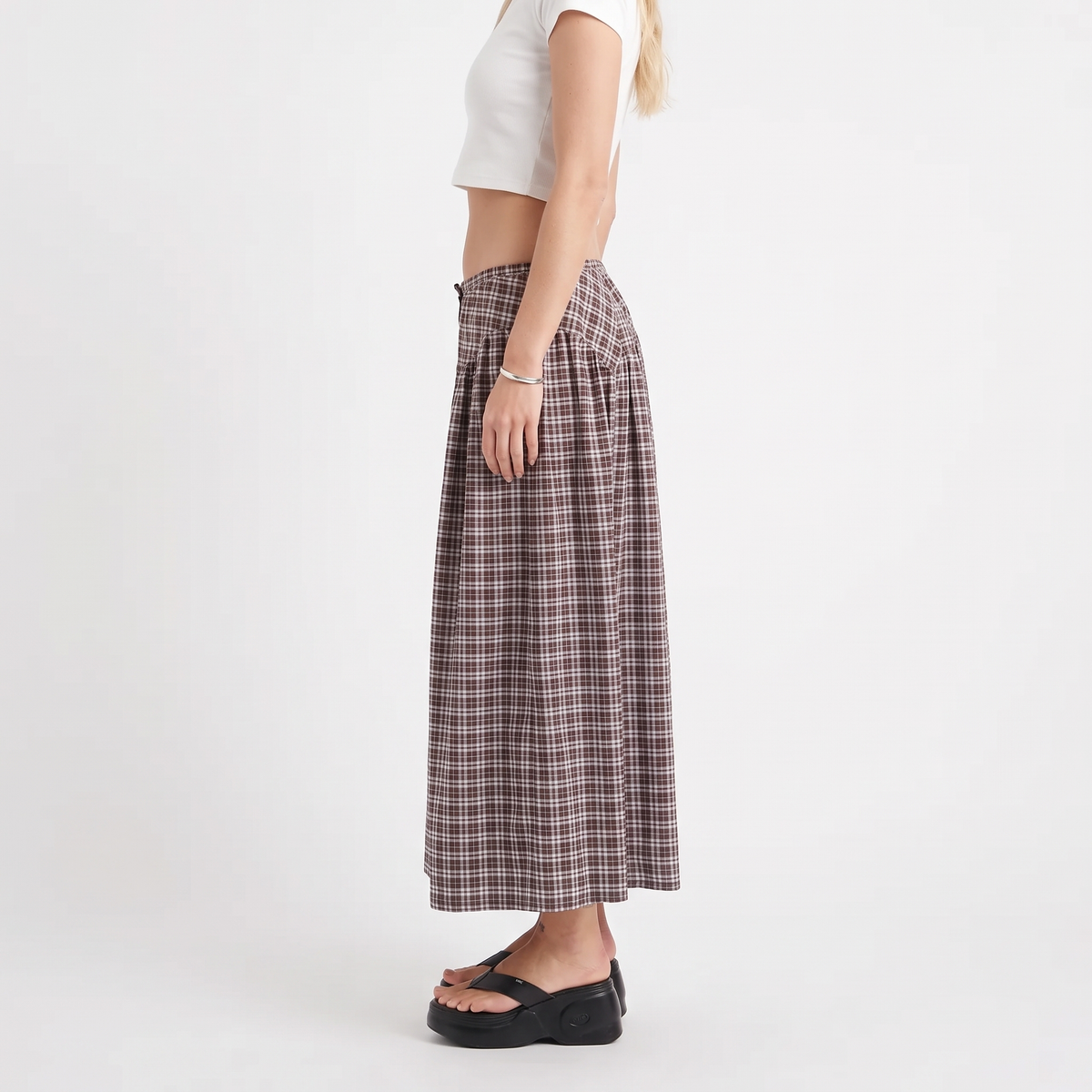 CELESTE Women's Brown Blue Check Marlow Echo Tiered Midi Skirt