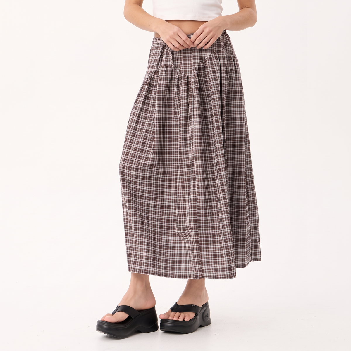 CELESTE Women's Brown Blue Check Marlow Echo Tiered Midi Skirt